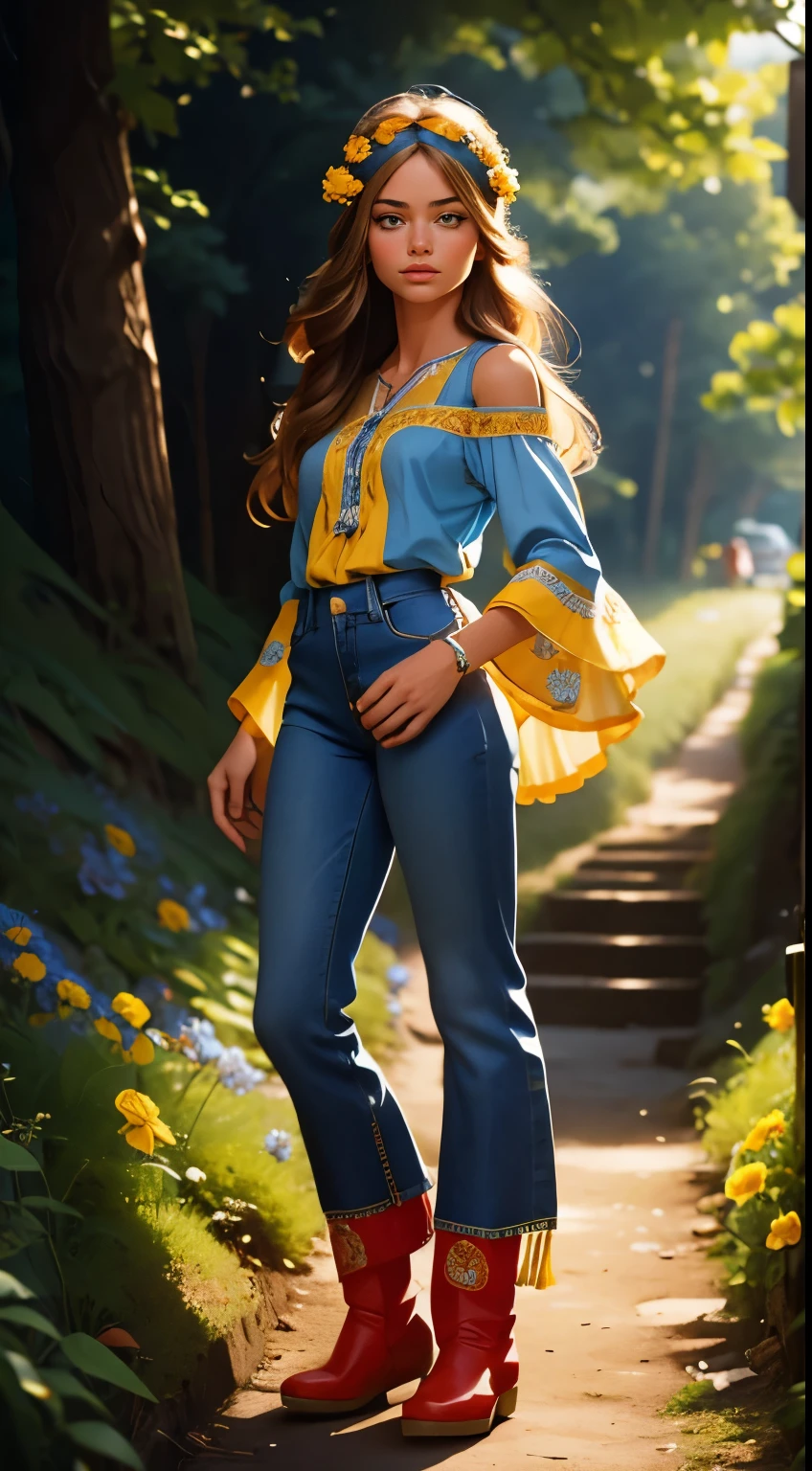 RAW photo,  on which 20-year-old Doutzen Cruz  ,  dressed in a blue embroidered peasant blouse combined with flared jeans and fringed accessories.  era She wears a headband or a wreath of blue and yellow flowers on her long hair ., flowing hair.  The setting is a bohemian-inspired outdoor music festival or a calm natural background ,  captures the freedom-loving and relaxed atmosphere of the 60Retro69Punch75 , , beautiful woman, looking over her shoulder,  leans slightly forward , Exposing her ass ,  which flows out cum , full height , red boots