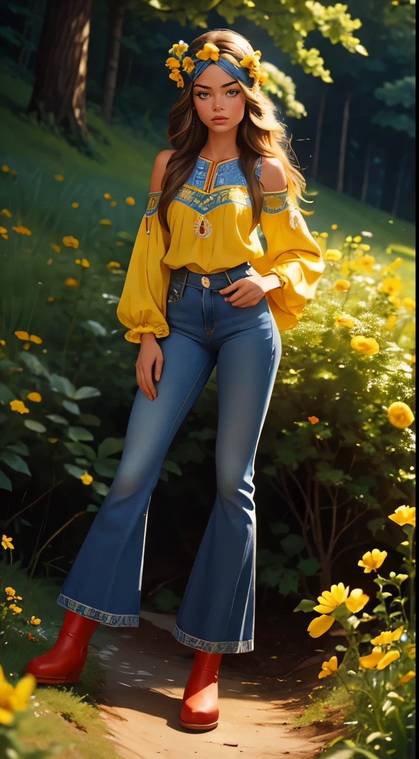 RAW photo,  on which 20-year-old Doutzen Cruz  ,  dressed in a blue embroidered peasant blouse combined with flared jeans and fringed accessories.  era She wears a headband or a wreath of blue and yellow flowers on her long hair ., flowing hair.  The setting is a bohemian-inspired outdoor music festival or a calm natural background ,  captures the freedom-loving and relaxed atmosphere of the 60Retro69Punch75 , , beautiful woman, looking over her shoulder,  leans slightly forward , Exposing her ass ,  which flows out cum , full height , red boots