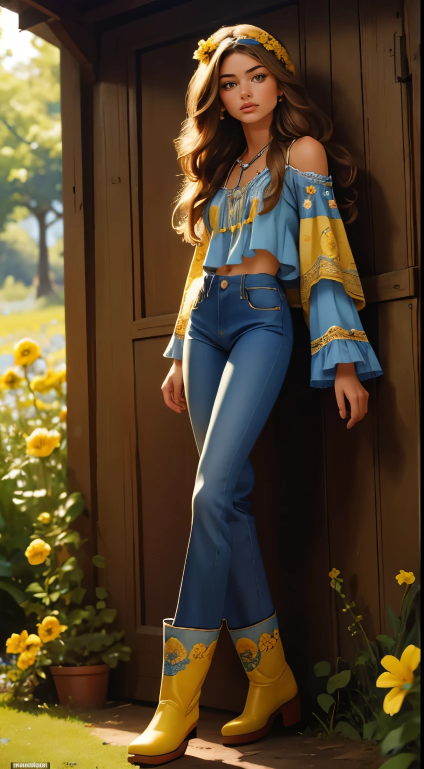 RAW photo,  on which 20-year-old Doutzen Cruz  ,  dressed in a blue embroidered peasant blouse combined with flared jeans and fringed accessories.  era She wears a headband or a wreath of blue and yellow flowers on her long hair ., flowing hair.  The setting is a bohemian-inspired outdoor music festival or a calm natural background ,  captures the freedom-loving and relaxed atmosphere of the 60Retro69Punch75 , , beautiful woman, looking over her shoulder,  leans slightly forward , Exposing her ass ,  which flows out cum , full height , red boots