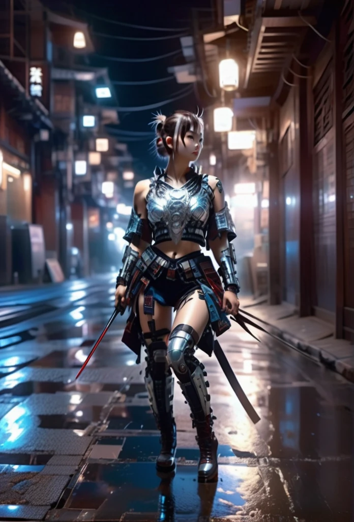 Sexy cyborg girl, big breasts in a cyberpunk city alley at night, Cyber ​​samurai, cool action pose, high detail, reflective armor, shadows showing the details of wires and body mechanisms, action sci-fi movie poster tone.