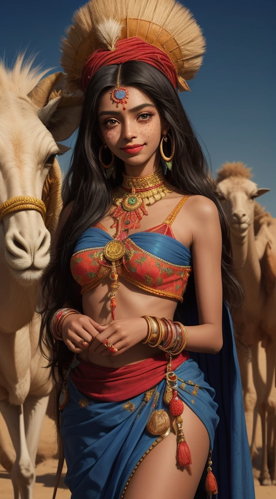 Tall girl of an 18 year old girl one piece  cloth ((african american)), (big blue long hair)), smiling,((she is very tall)), fleshy lips,big eyes, freckles on the face  ,red lipstick,( pircing on the lip),collar, indian saree open blouse hook nice brast, and makeup, , Looking at camera, High hil shoose, dancing style, background sahara desert & camels,sheep in girl hands।