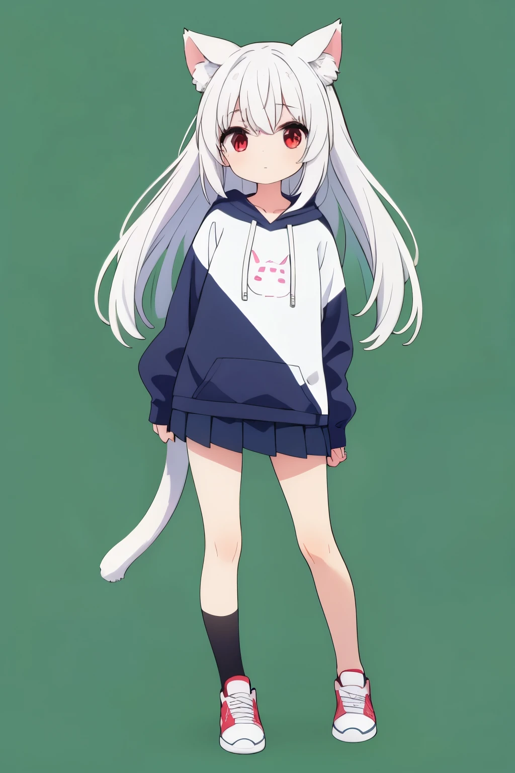 fox girl, solo, white hair, long hair, red eyes, animal ear fluff, 1girl, white fox tail, animal ears, fox ears, full body, tail, looking at viewer, hair between eyes, chibi