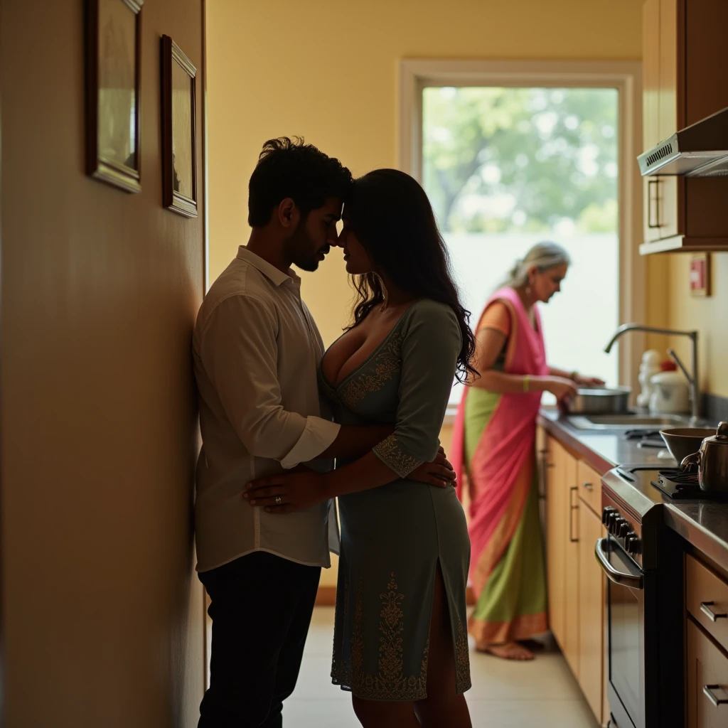 A day time scene in a well lit kitchen adjoining a lobby focusing on a short young indian man and a woman in the foreground obscured from the individual in the background, emphasizing the separation of spaces within the kitchen and lobby area. To the left of the kitchen doorwar, the man and woman stand close together, ensuring they remain out of sight from the old indian lady dressed in a saree standing at the kitchen sink washing dishes with her back to the camera. The man pins the woman on the kitchen wall. She is dressed in a body hugging kurti hugging her Large breasts that dominate her upper body frame by stretching outward in an exaggerated manner with the rest of her body appearing much slimmer by comparison. The kurti (tunic) is fitted and features three-quarter sleeves with detailing at the hemline. The neckline is cut in a deep U-shape wide scoop, revealing her deep tantalising cleavage. Their bodies are almost touching, creating an intimate connection between them. He looks downward at her, while she tilts her head upward to meet his gaze. The lighting is volumetric, encapsulating the interaction between the two people while the third person continues her task, completely unaware of the intimacy unfolding just outside the kitchen.