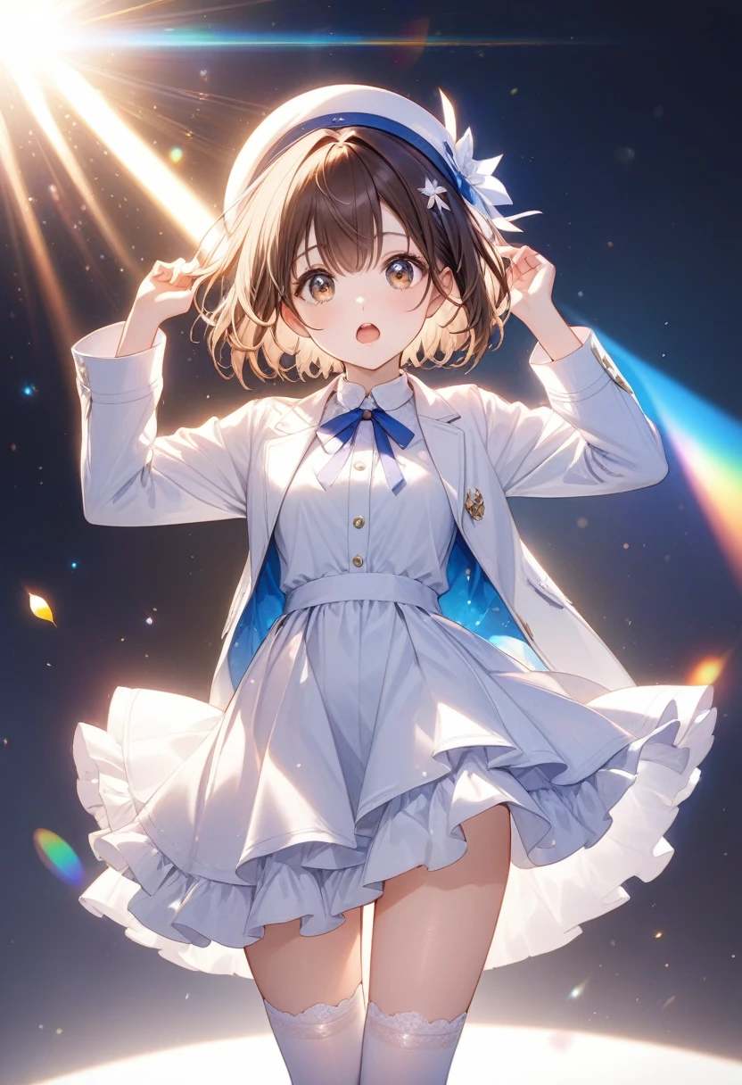 (masterpiece:1.6, Best Quality), ( Narrow and beautiful eyes: 1.2), ( lens flare, Particles of light, Shine),Doctoral No._Kato, Katouhdlong, Alone, Brown Hair, Have, Upper limbs, short hair,  Brown Eyes , The hat was removed, dress, I took off my hat,  white stockings, White dress, Wear a hat, frills thighs, bangs, Open your mouth , frills, 赤い jacket,  jacket, zettai ryouiki, petal, ribbon, holding, White Hat, , Panty shot, (Full Body Espian),