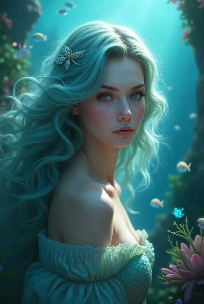 ((best quality)), ((masterpiece)), (detailed), perfect face, a beautiful woman with white long hair and a sky blue reflection, she has a tufted fringe, she has sky blue eyes, she is a mermaid, she is suffering and dying lying in a pond, in the night, total body.
