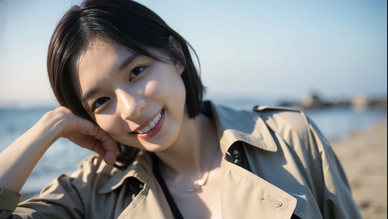 Best Quality,masterpiece,Ultra-high resolution, High Definition RAW Color Photos ,Professional photos,Natural skin texture,Fine skin, hyperrealism , Japanese Women, black hair short cut hair,(arms at sides,smile,(No bra, topless,Beige trench coat),(gigantic breast))