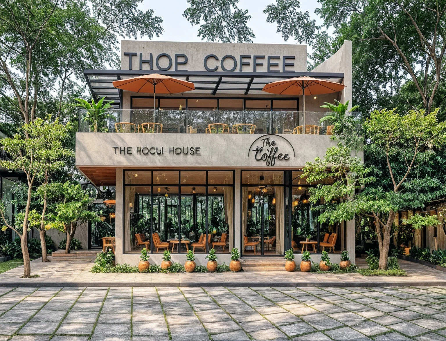 The image features a modern, two-story house with an earthy orange exterior, blending seamlessly into a lush tropical garden. The flat-roofed structure is surrounded by greenery, black tile roof, with a rooftop garden spilling over the edges. The house has large glass windows and doors, revealing an open, warm-toned interior with natural wooden elements. The garden in the foreground is vibrant, featuring rows of large, healthy vegetables, including leafy greens and cabbages. Tropical plants and trees surround the property, enhancing the feeling of being immersed in nature. The overall scene is tranquil and rich with natural elements,(sunset:1.2) (lightnight:1.2)