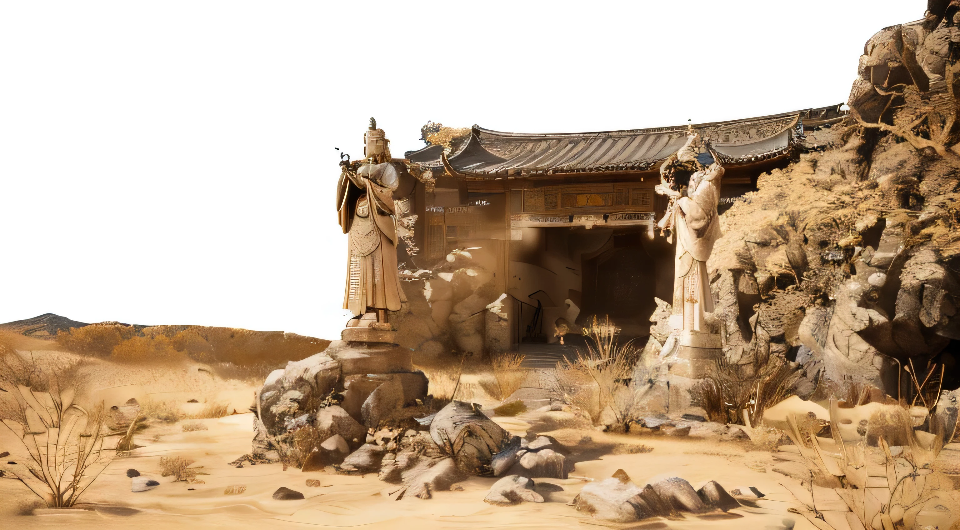  there is a statue of a man standing in front of a building,  Beautiful rendering of the Tang dynasty  , Rendered with Unreal Engine 5,  Details of Unreal Engine 5 rendering ,  In a desert village torn by war , Created in Unreal Engine 5, Taoist temples and monks, AuthorShen Zhou,  Unreal Engine 5 rendering Dramatic ,  The Beastlands  