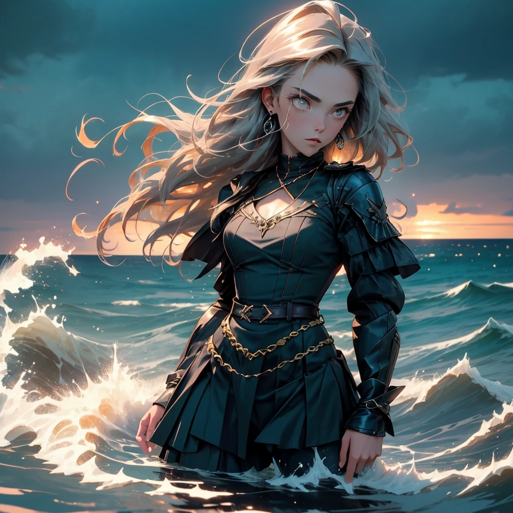 "(((Masterpiece, ultra quality, hyper-detailed, realistic anime style, SDXL, 8K resolution, cinematic lighting, dynamic shadows, perfect pixel, highly detailed textures))), full body view of 1 woman standing on a rocky cliff at dusk. ((Short, messy silver hair)), blowing in the wind, ((piercing teal eyes:1.4, glowing softly against the twilight)). Her expression is focused, determined, as she gazes out over a vast ocean.

She wears a tattered, flowing navy-blue cloak, with golden embroidery on the edges, flapping dramatically behind her in the wind. Underneath, her outfit is a mix of armor and fabric—polished, worn silver chest plate with intricate designs, combined with rugged leather straps and belts that hint at her adventurous spirit. 

((Confident, grounded stance)), her left hand rests on the hilt of a gleaming sword, partially unsheathed, while her right hand is raised, palm open, as if sensing the energy of the coming storm. 

The background is a dramatic scene of a darkening sky, heavy clouds swirling above, with faint streaks of lightning illuminating the horizon. Waves crash against the cliffside, and the wind whips through the scene, adding motion and energy to the composition. The light from the fading sun casts long shadows and a golden glow across her form, highlighting the textures of her armor, the sharp lines of her face, and the wild elements surrounding her."