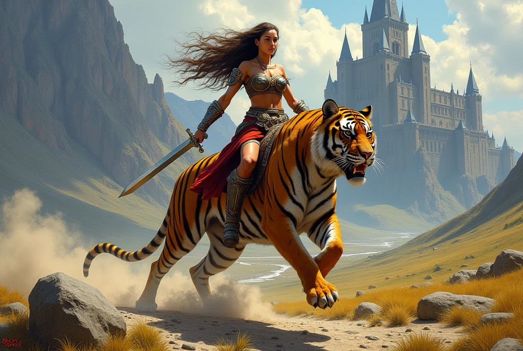 80s_Teela riding a gaint tiger in a fantasy wilderness setting. Tiger wearing armor. Dynamic pose.