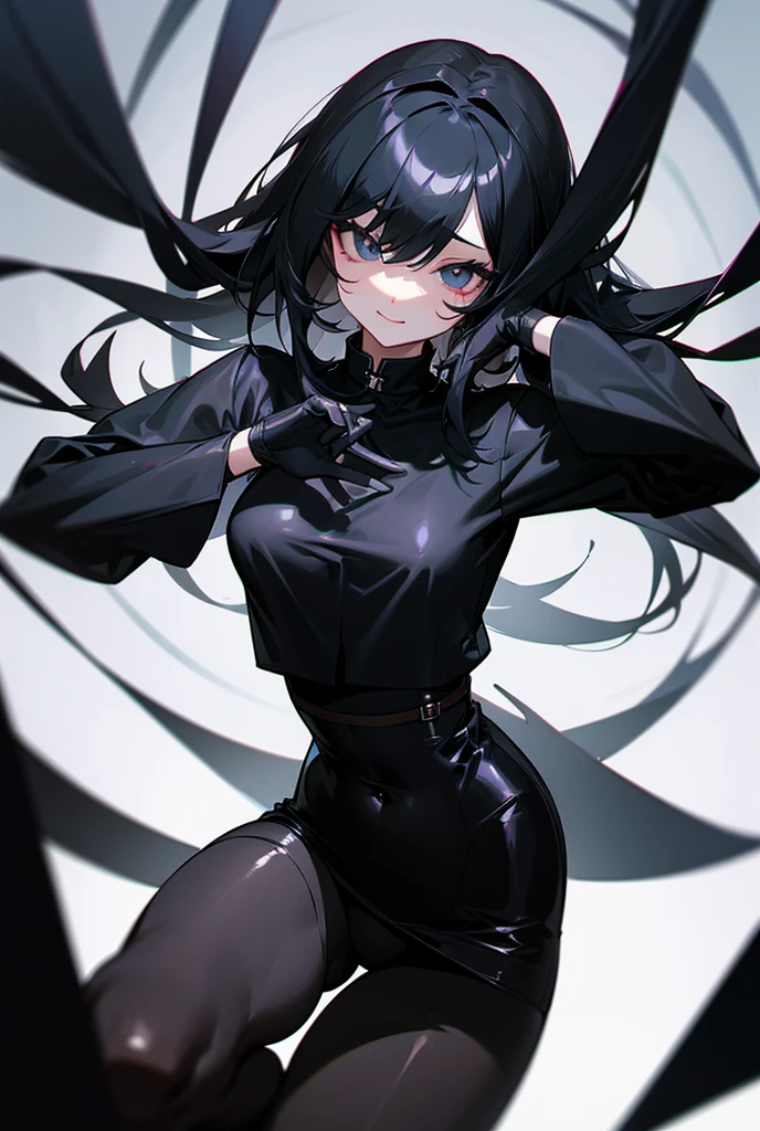 Anime lady, crimson eyes, long eyelashes, long raven black hair, long ponytail, fringe in middle of face, one strand of hair trailing down left cheek, hair framing face, black suit, black shorts, black thigh-high socks, ankle leather boots, heeled boots, holding katana, cold expression, dismissive, looking down at camera, gradient background