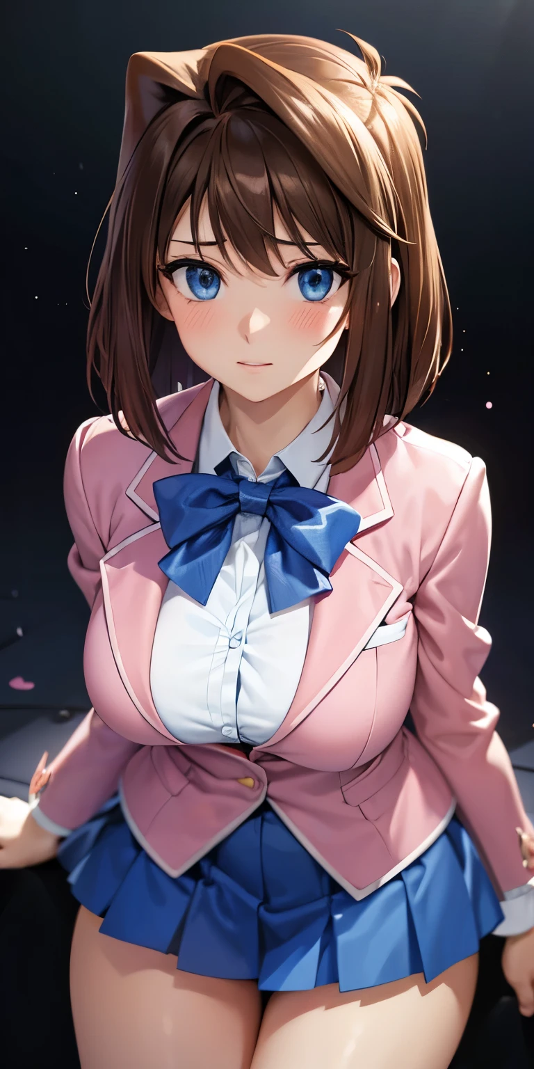 1 Female,High definition,high resolution,Ultra-realistic,8K, aamazaki, (antenna hair:1.2), blue eyes,blue bowtie, pink jacket, blazer, long sleeves, blue skirt, tight skirt, miniskirt,pleated skirt, large breasts,European,sexy,Upper body close-up,Photographed from the front,Dynamic Angles,(blush), (medium tits) ,wide thighs 