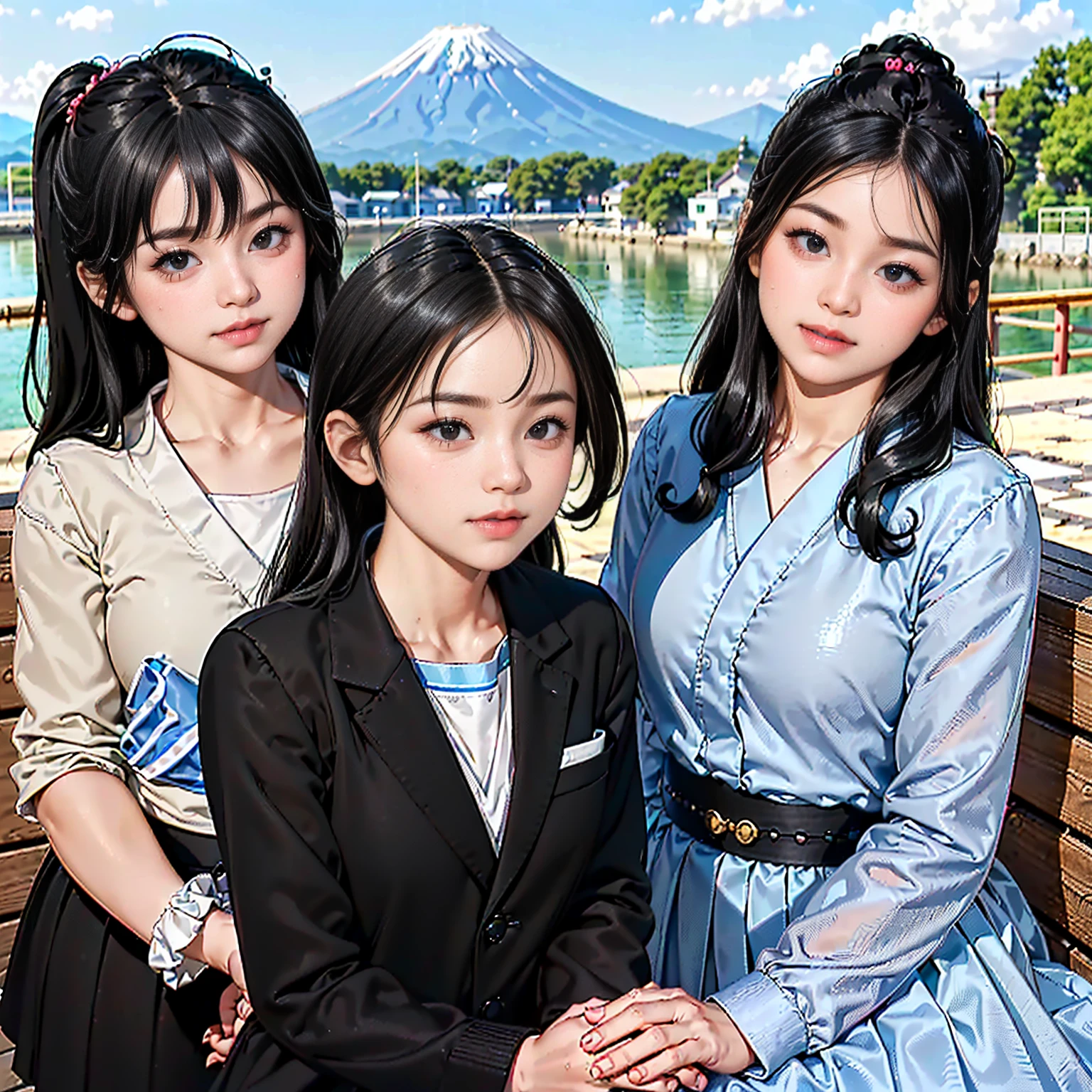 a group of VAMPIRE CHILD GIRLS, WITH VERY LONG STRAIGHT DARK HAIR, people standing around each other in the snow, PETROLEUM BLUE BACKGROUND.