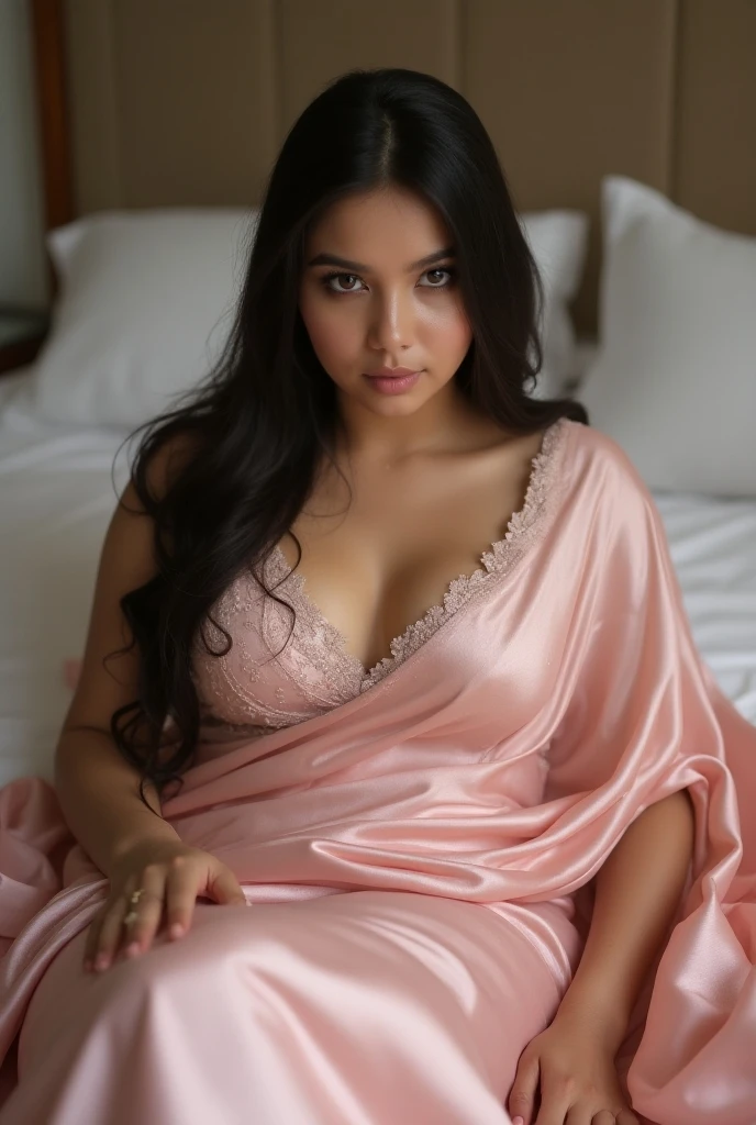 beautiful Indian woman, looking directly at the camera, very realistic, instagram selfie, closeup face, at home, silk floral pyjamas, clothes tight against body, clothes too tight, film grain, fit muscular body, big breasts, focus on face and torso, clothes too tight, seductive, silk robe