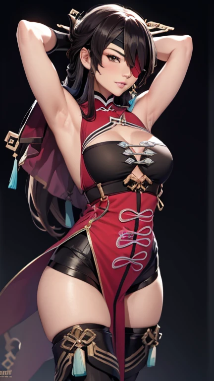 masterpiece, 8k, high resolution, shrine, semi-realistic, 1 girl, portrait 3:4, (high detailed face), (high detailed dress), (detailed hands, no bad hands, No bad fingers), smile, looking at viewer, armpits, arms up, (hands behind the head), dancing, dynamic, medium breasts, sexy, perfect body, perfect legs, black high boots , Beidou (genshin_impact), genshin_impact, puffy breasts,sexy hot, downblouse, (eye patch), (pokies), lightning effects over plain black background.