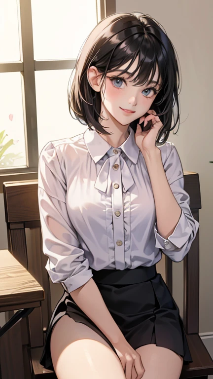 (((masterpiece, best quality, ultra highres, 1 girl, solo, no background))), super detailed skin and face and eyes and finger, beautiful japanese woman, small breasts:1.5, skinny, light brown hair, white background, very short pixie hair, (an illustration of girl), Knee shot, Generate with illustrations, Various expressions, Various poses, outline, anime, Panty shot, Spread legs, Skirt, White panties, Shirt, White shirt, Lips, Tie, Pleated skirt,