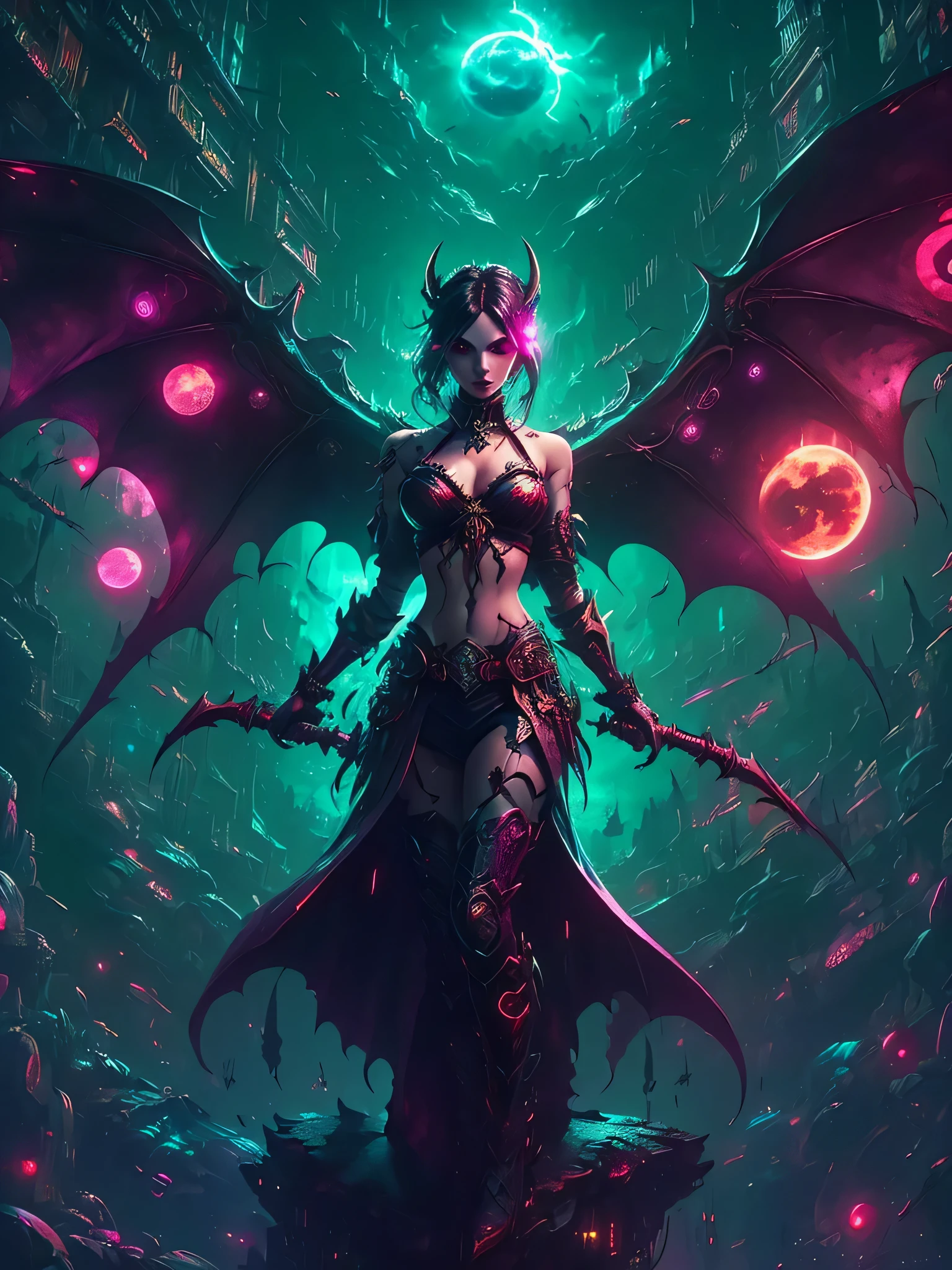 high high quality，Best quality at best，Realiy，Super realistic，super detailing,tmasterpiece，A high resolution，8K，Very realistic，Hellbringers，red - eyed，Meniscus，Close-up of a girl with a sword and a vampire, Dark black cloak，比基尼，glitchpunk girl,pale milky white porcelain skin, Vampires，Smooth translucent white skin, small thighs，Small waist，Small hips，cropped shoulders，Nice collarbone，ultra-realistic realism，big breasts exposed cleavage,The upper part of the body,,Wear a bikini，Tattooed with，red color eyes，gothic art style，((Bat wings))，Epic fantasy digital art style,A noble and elegant vampire girl, dan mumford tom bagshaw, dark fantasy style art, Epic fantasy art style, , dark fantasy art style, Epic fantasy art style HD, dark fantasy digital art，"Artistic image type: {Perched on the top of the cybernetic dragon, Vampire Maiden investigates the vast cyber metropolis below. Infused with neon lights, Contrast her technically enhanced body, Embedded LEDs and retractable technology weapons shine. In a striking pose, She seemed ready to act, A fusion of ancient legends and visions of the future}, Excellent location，with city view, (Vibrant neon lighting:1.5), (Digital painting:1.25), (4K:1.2). environment: panoramic view of a city，Bats fly across the skyline."