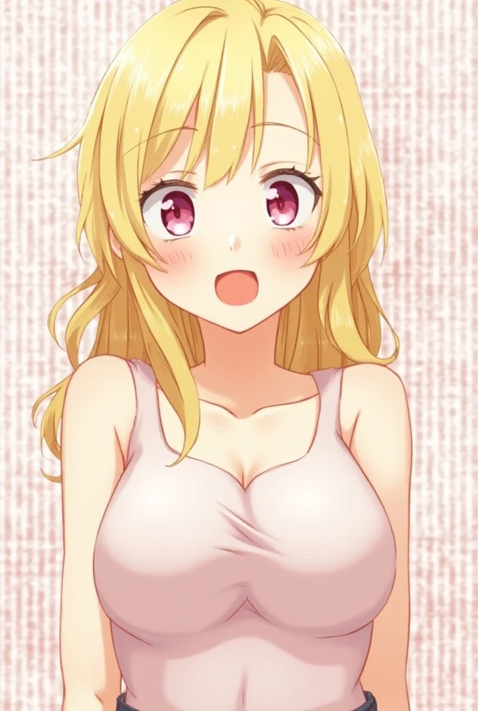 Generate an image of Honami Mochizuki from Project Sekai. She is a high  student with long, straight hair in a blonde color.,with a slight curl. Her side hair is shorter and also slightly curled. She has straight-cut bangs, that frame her forehead. Often, has big, gentle red eyes and a warm, friendly expression. blunt bangs,nsfw,steam,medium breasts,sweat,Completely naked,1girl,1boy,penis,cum on breasts,Gradient with pink tips,close to viewer, lie on one’s back,upper body