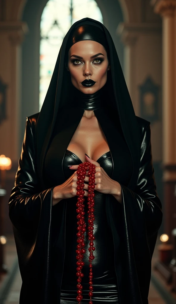elderly 80 year old woman sitting on an old table in a library, dressed as a latex nun, black white red latex bikini, marble statue, dark octane rendering, candle lamp lighting, baroque, european, mandala, side view from below, anatomically correct, large full breasts, view on horny, wide apart legs, holding a large cross with Christ in front of her, muscular body, super detailed.