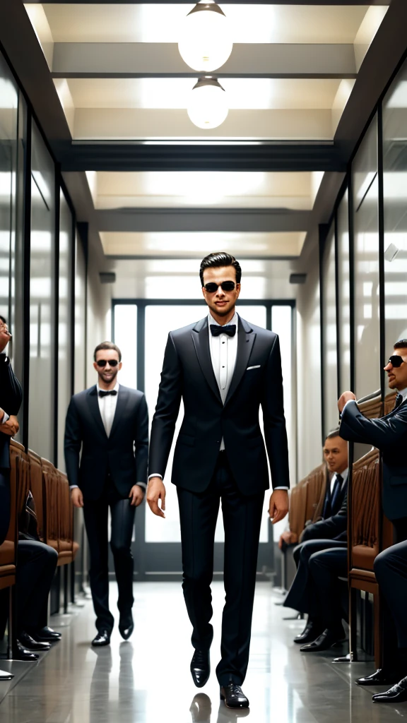 two men in suits and sunglasses are running in the hall, wearing a suit and glasses, wearing suits, wearing suits, wearing causal black suits, group of people in the hall, men in tuxedos, tall handsome guys, wearing a black suit, suits, security men, in suit with black glasses, talking on reciever, 