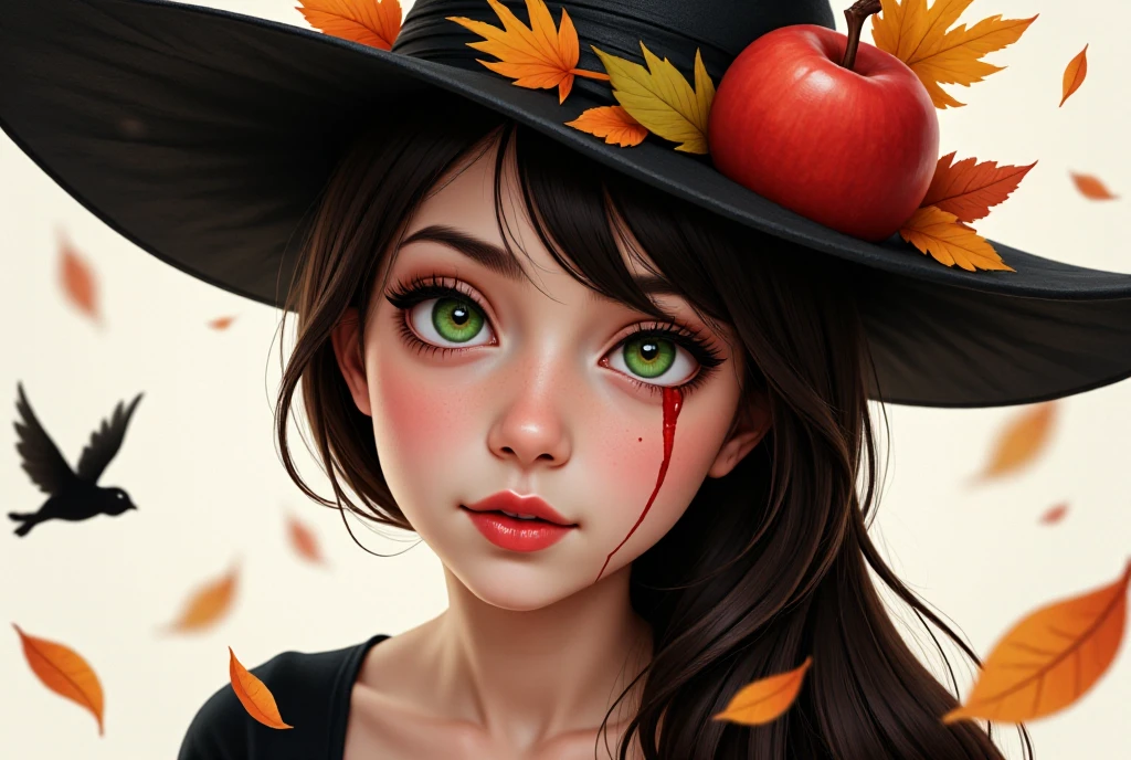 An ethereal and haunting girl with large, expressive green and gold eyes. She has pale, porcelain-like skin with delicate, soft features. Her makeup is dramatic, with bright red lips and dark, extended lashes. A thin, red line resembling a scar runs down from her eye, giving a slightly eerie, yet beautiful expression. She wears a black witch-like hat adorned with vibrant autumn elements, including a red and orange apple. Soft, pastel autumn leaves float around her, creating a dreamy, watercolor-like background. The scene has a whimsical, mysterious atmosphere, with a small black creature flying below, adding to the magical and slightly dark mood.