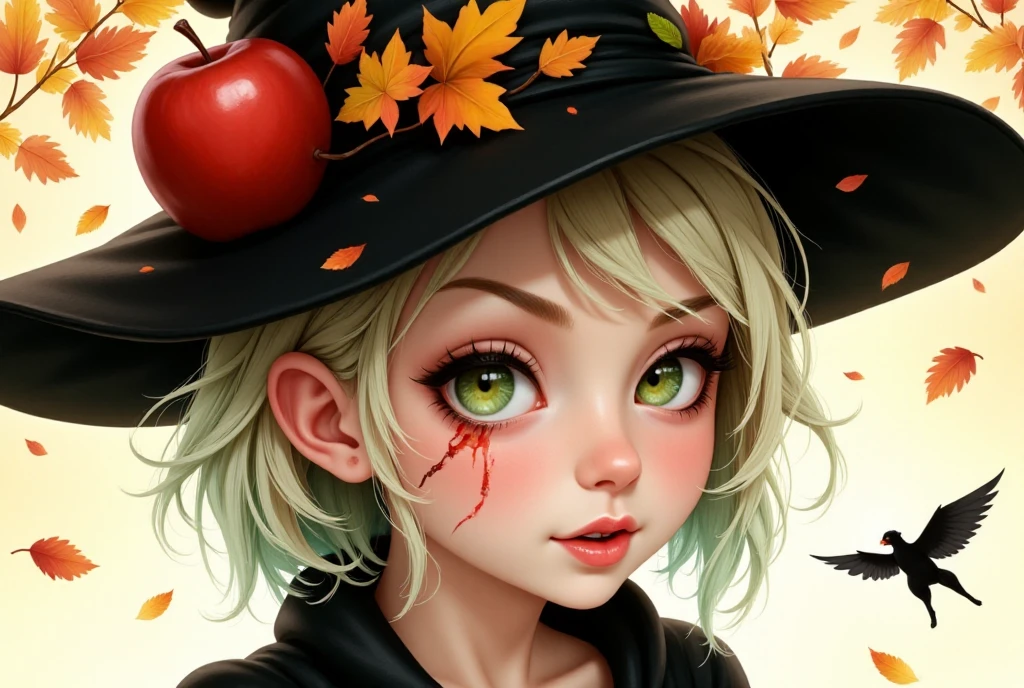 An ethereal and haunting girl with large, expressive green and gold eyes. She has pale, porcelain-like skin with delicate, soft features. Her makeup is dramatic, with bright red lips and dark, extended lashes. A thin, red line resembling a scar runs down from her eye, giving a slightly eerie, yet beautiful expression. She wears a black witch-like hat adorned with vibrant autumn elements, including a red and orange apple. Soft, pastel autumn leaves float around her, creating a dreamy, watercolor-like background. The scene has a whimsical, mysterious atmosphere, with a small black creature flying below, adding to the magical and slightly dark mood.