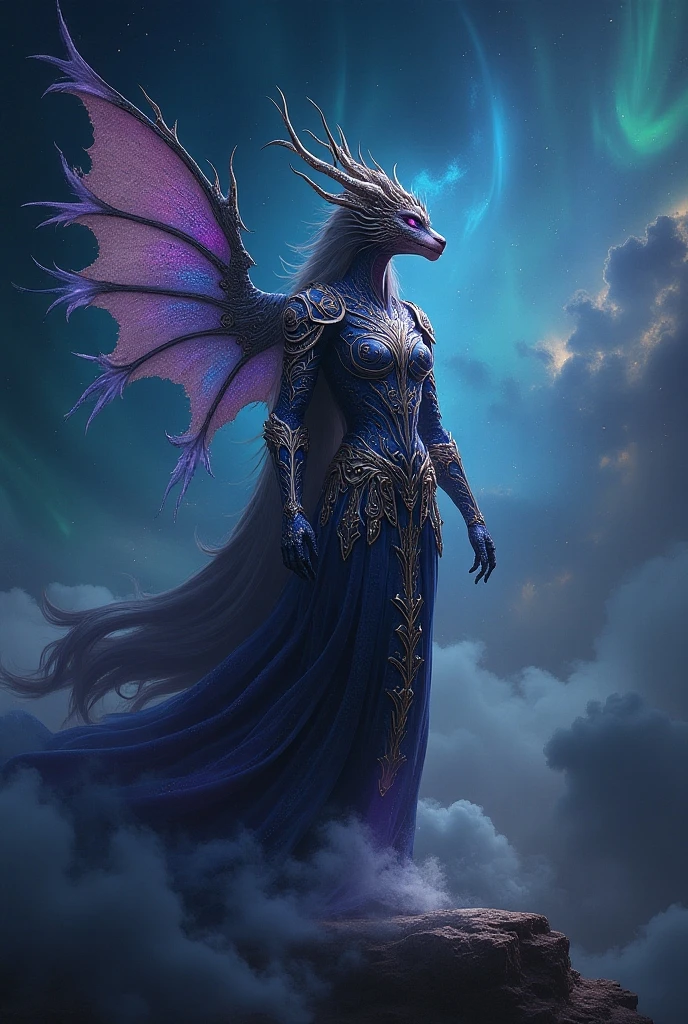 ((melhor qualidade)), ((obra-prima)), (detalhado), Empress Dragon "Scarlett Johansson", olhos realistas, cabelo preto, olhos azuis, seios pequenos, vestido de setin koreano sensual, paisagem maligna, ethereal beauty, (Fantasy Illustration:1.3), olhar encantador, pose cativante, garota solo, charme sobrenatural, mystical sky, noite enluarada, cores suaves, (paisagem nublada detalhada:1.3), (alta resolução:1.2) (Blue dragon flying in the sky) vestido, sobre uma colina, An army passing far into a canyon below.