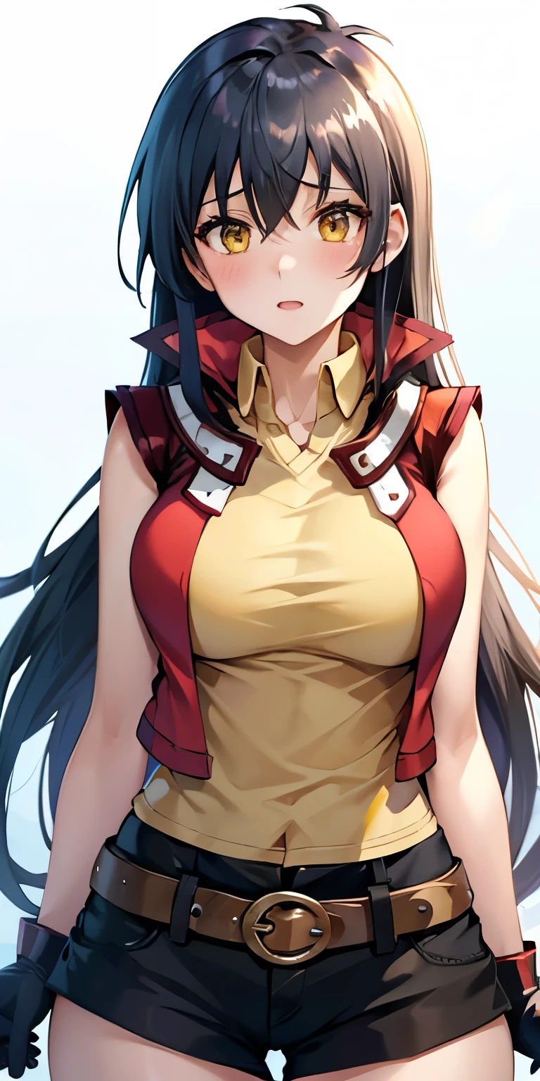 1 Female,High definition,high resolution,Ultra-realistic,8K, hmrei, long hair, black hair,yellow eyes,red jacket ,collared shirt, yellow shirt, sleeveless, belt, black shorts, black gloves, large breasts,European,sexy,Upper body close-up,Photographed from the front,Dynamic Angles,(blush), (medium tits) ,(wide thighs)