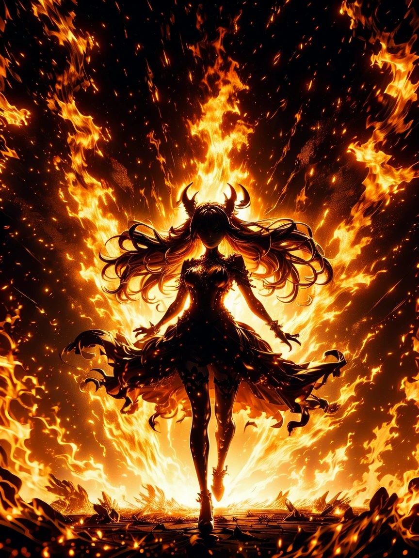 A fiery demoness with glowing orange eyes, horns illuminated by surrounding flames. She stands with her body adorned in shimmering, ember-like lingerie that seems to burn with heat. Her long, flowing hair moves gently in the heat waves.