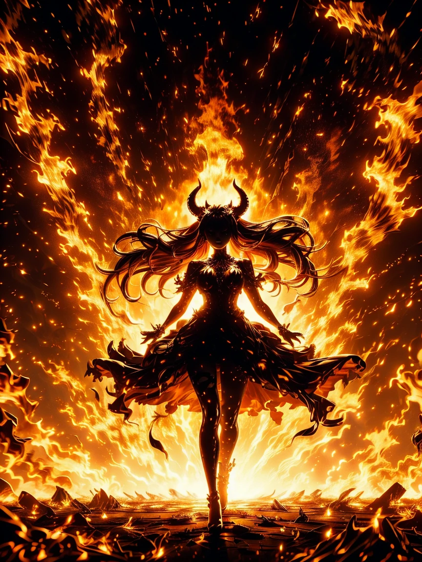 A fiery demoness with glowing orange eyes, horns illuminated by surrounding flames. She stands with her body adorned in shimmering, ember-like lingerie that seems to burn with heat. Her long, flowing hair moves gently in the heat waves.