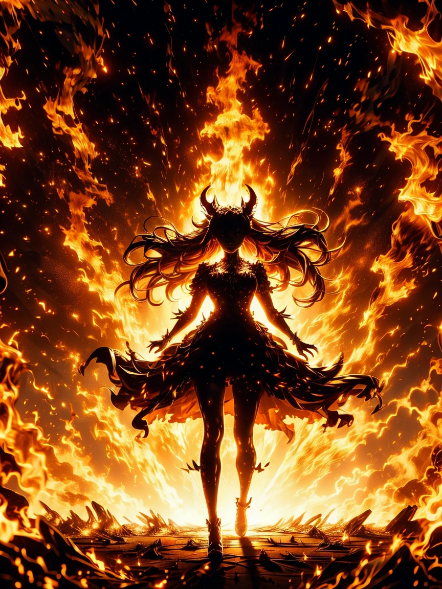 A fiery demoness with glowing orange eyes, horns illuminated by surrounding flames. She stands with her body adorned in shimmering, ember-like lingerie that seems to burn with heat. Her long, flowing hair moves gently in the heat waves.