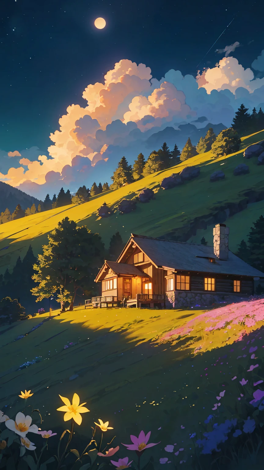 A scenery of a house at a remote location on mountain where there is no internet, house is of wooden logs and chimney, there is cloudy sky, enchanting in studio ghibli anime style, make it in warm colours, resolution in 8kF/2.8, Bloom, 