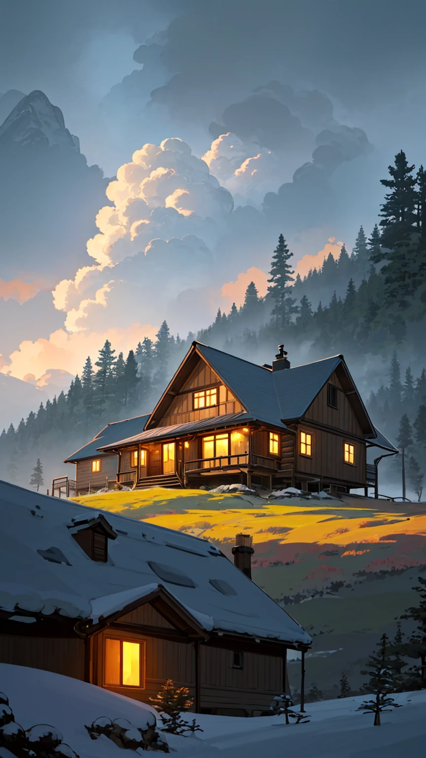 A scenery of a house at a remote location on mountain where there is no internet, house is of wooden logs and chimney, there is cloudy sky, enchanting in studio ghibli anime style, make it in warm colours, resolution in 8kF/2.8, Bloom, 