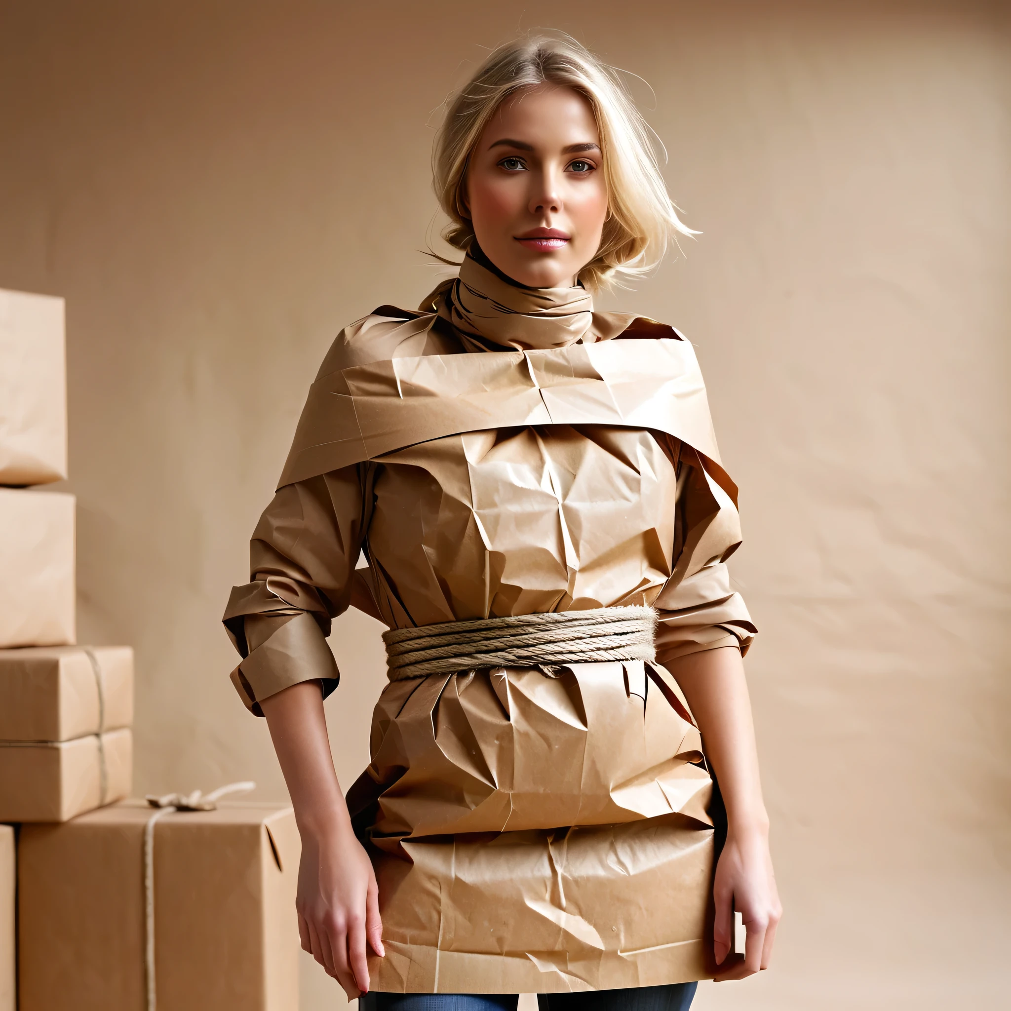 a stunningly beautiful blonde standing woman wearing a makeshift smock made of crisp brown packaging paper, she is completely wrapped up from head to toe in crisp brown packaging paper like a helpless human package, arms behind her, tightly tied up with rope wrapped around her like a mummy, she is completely covered in crisp brown packaging paper, being wrapped by a woman, two women in the picture, inside art studio, bright day, close-up 