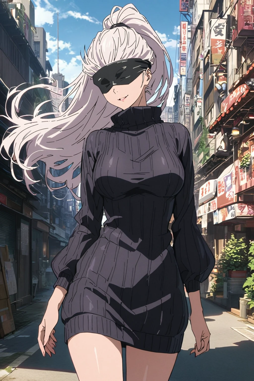 masterpiece, best quality, high quality,
outdoors, street,
looking at viewer, sexy,
1woman, white hair, braided, black dress, Mei Mei from Jujutsu Kaisen, crows flying