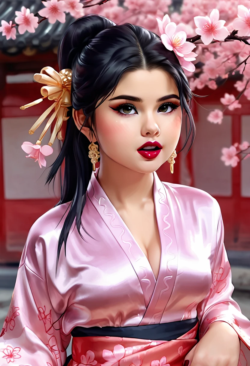 Beautiful  18 year old selena gomez, silk qipao, photorealistic, masterpiece, tight clothes, large breasts, lipstick, beautiful face, seductive, cute, silk kimono,,have crazy sex with man in street,Bukkake Excessive cum Cum bubble LoRa PonyXL