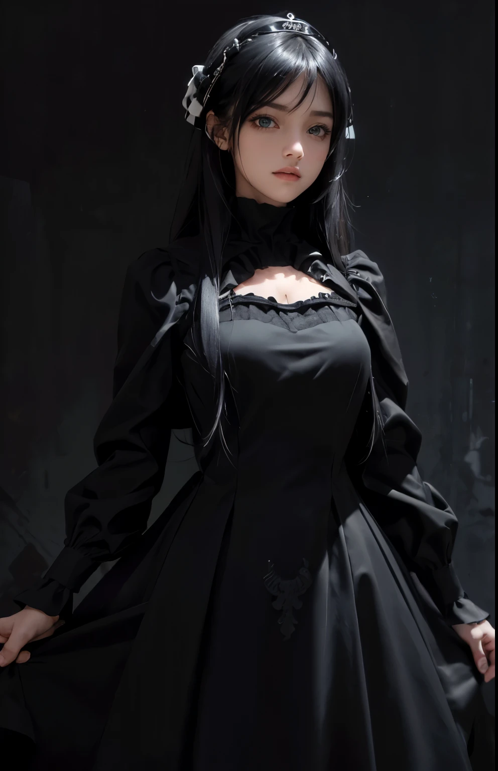 ((masterpiece, best quality, ultra-detailed, high resolution, extremely detailed CG, super detailed, Most beautiful clean lighting)), 1girl, small girl, young, cute girl, pretty face, white skin, Beautiful black long hair, black eyes, kawaii, slender, small build, small breasts, Fantasy world, world of death, black dress, skeletons, necromancer, necromancer, dark, magical world.