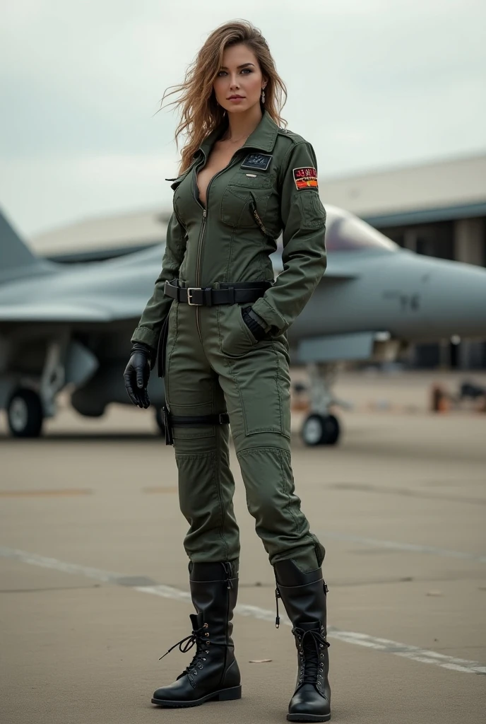 you are a photographer specialist, Generate a USA Aircraft pilot woman, stand with the F-22 raptor, with team work, beauty woman, smiling, Civilization, big bom, short dress, big hips, sexy girl
