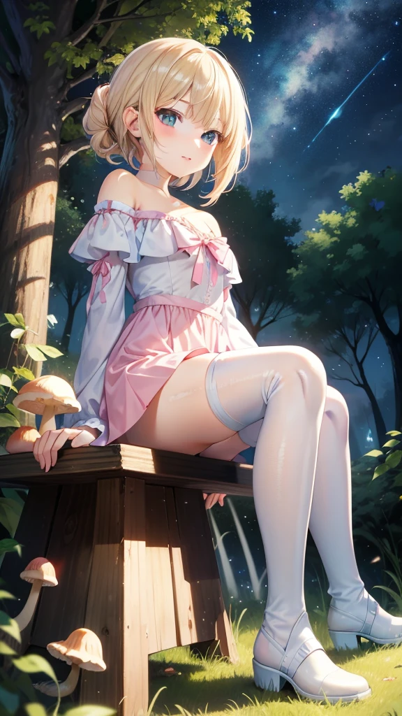 1girl, cute, teen slender, round face shape with angular jaw, blonde with bangs, grey eyes, topless, picking wet pink colorful mushrooms in a celestial forest, sunshine, stripe socks, pink skirt, horny open legs, windy