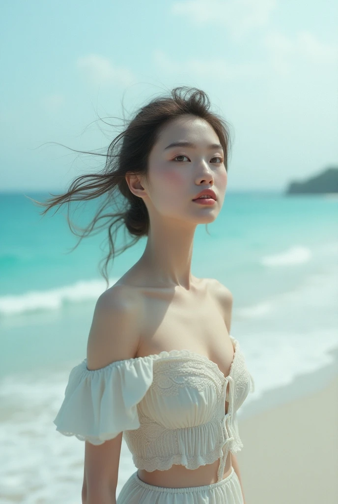 fashion photoshoot: 1 woman,soft light,rim light,beautiful,realistic,RAW photos,natural skin texture,realistic 눈과 얼굴 디테일,surrealism,ultra high resolution,4K,best quality,masterpiece,Fashion Magazines,vogue magazine,g-cup,Quirky Fashion,magazine cover,touch one&#39;s chest,크기가 big_i know it well,femur_gap,floating_hair,hair_blowing,shining_skin,big_femur,Thick_femur,Wearing only an open blazer,underwear