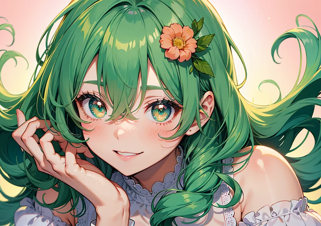 Greenish blonde　Blue Eyes　Short Bob Hair　Thin twin tails　Girl　Ahoge　Baby Face　Black flower hair clip　Snowdrops　clear　Beautiful breasts　Snow Country　Black and purple sweater　Grey Skirt　Grey Cape　Black Stockings　Wear warm clothes　smile
