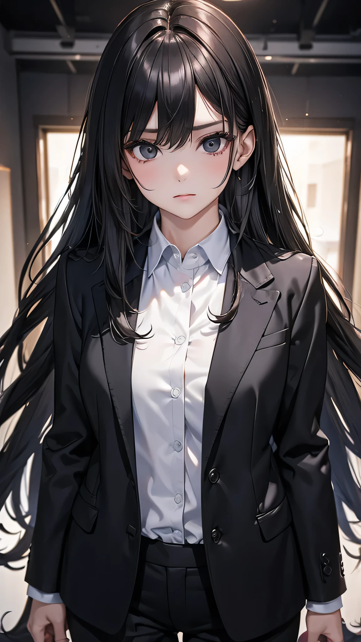 Adult women, Alone, sexy,8K resolution,((Best Quality)),Ultra-high resolution, (Grim expression), (Black eyes), A beautiful, symmetrical face, (black long hair),Office Jacket,Pant suits,Realistic:1.4,Realistic:1.4,(masterpiece:1.2), perfect eyes,Perfect Eyes, Anatomically Correct Human Body