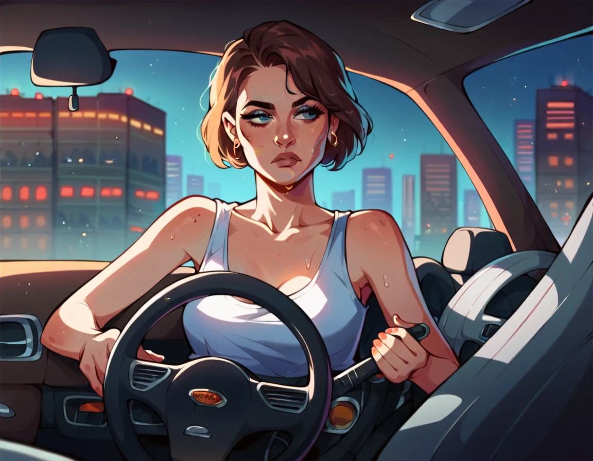 Letty Ortiz,city, woman driving a car Max Verstappen,female ,driving a car, racing on a dark night ,Sweaty,Expressionless,Holding the steering wheel with both hands