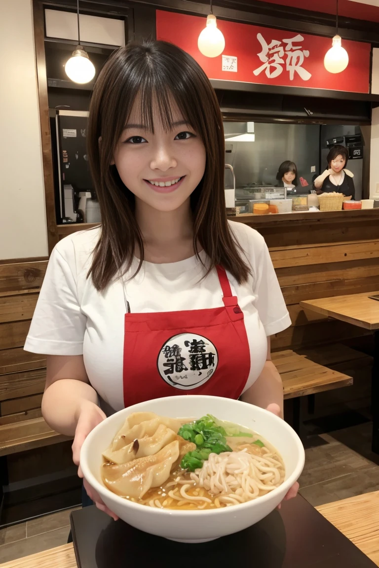 ((Best Quality)), ((masterpiece)), (detailed),sexy,woman,20 years old,Big Breasts　、H Cup,Chubby,Short Bob,Fluffy,Ramen shop、woman店員さん、 ramen and print on t-shirt、During break、 eating makanai food 、 white rice 、large serving、 Japanese family tonkotsu ramen、 eating delicious 、dumpling、background、 Japanese ramen shop interior 、counter、Munch munch,smile,Gatsuku ,