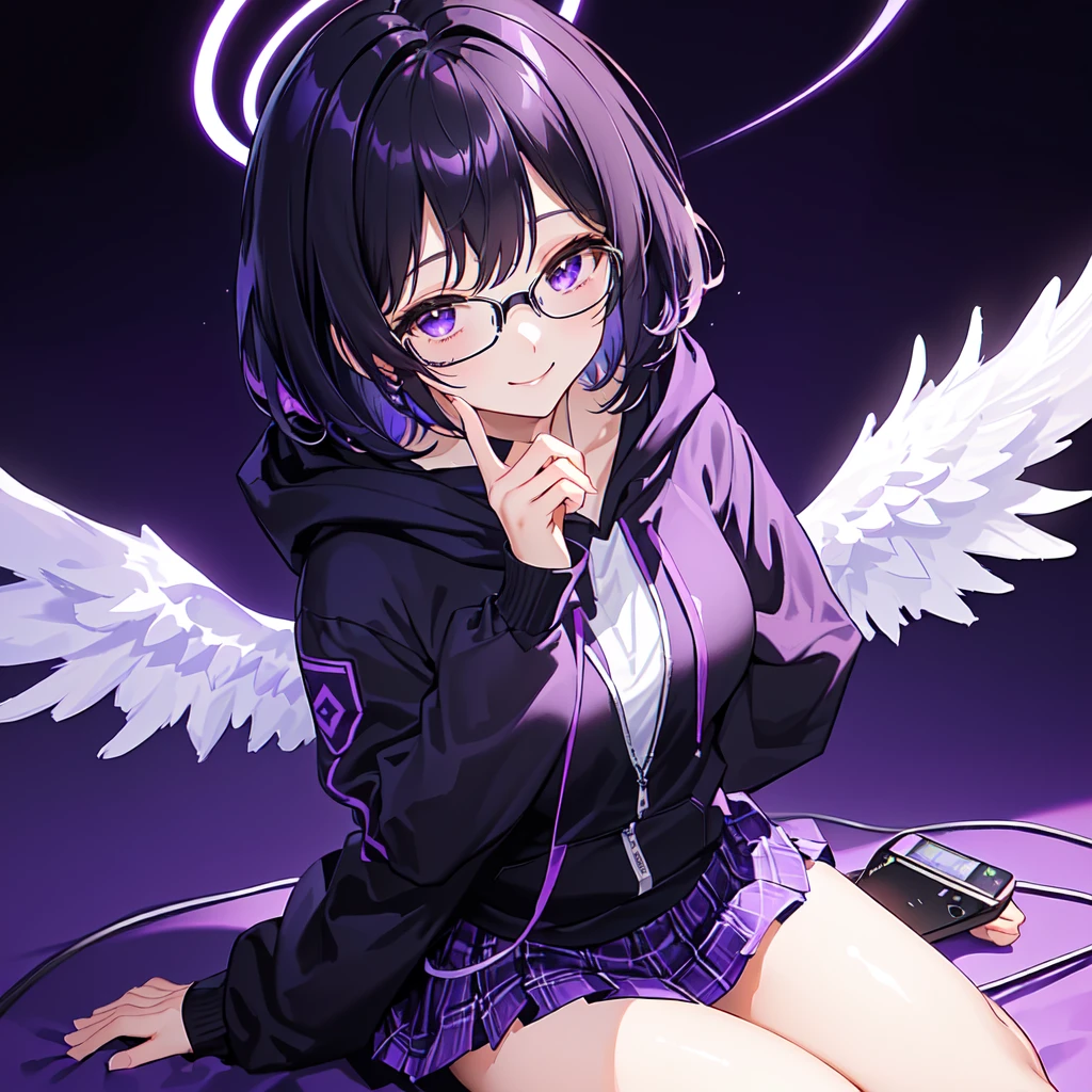 solo2.0((Best Quality)),((Handcrafted)) ((masterpiece)), (detailed)(( anatomically correct)) purple black haired angel girl sandal phone 2.0、white halo 0 .5、Bobcut 1.8、 black hoodie and purple mini skirt 1 .8、 black and purple headphones 1 .2、Black-rimmed glasses 2.0、1 .8、1 monitor that emits light.2、Smiling face 1.4、