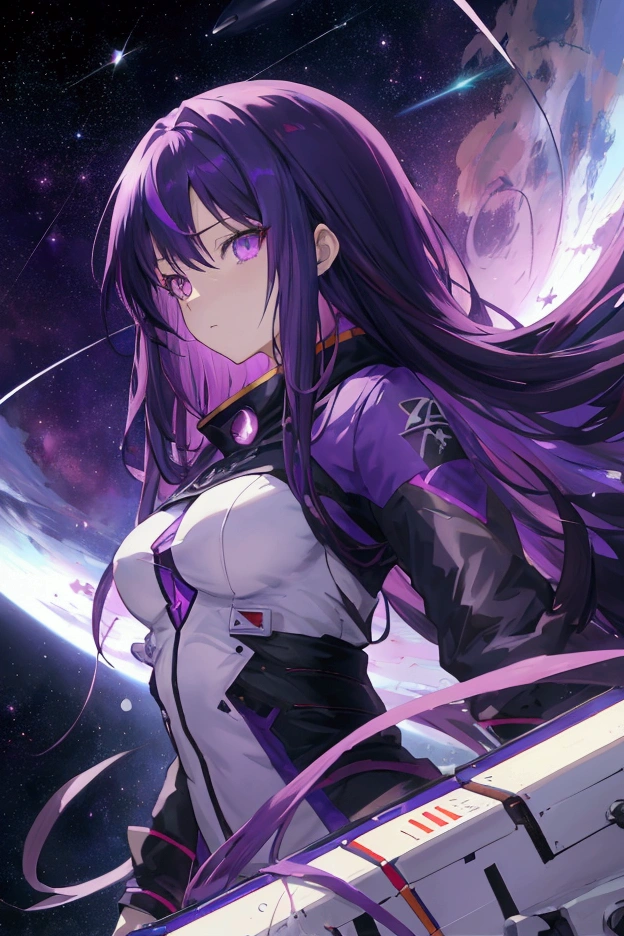 (neck cover plain red shirt), (only one beautiful and cool girl), (purple eyes), (Shoulder-length hair), (straight hair), (purple hair), (science fiction),(ace pilot),(black long gloves), (space), (facing the front)
