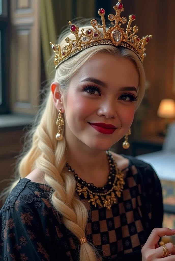 full body shot, photo of a stunning beautiful gorgeous dracula queen, (shown dracula teeth, dracula fangs: 1.5), (red syrup dripping from her mouth), with ponytail hair, curtain bangs hair, blonde hair, coherently detailed perfectly manicured hands, wearing a golden queen's crown with black and dark red diamonds, a long british queen style black dress with gold accents and with lace and black and gold checkered pattern, scary smile, charming red eyes, light red cheek, big tits, huge breasts, colossal boobs, sexy body, sexy hips, slender feet, full body pose, the background is a dracula's mansion, full of scary goth spooky and halloween things, bats hanging flying arround, queen's black cat sleeping on top of queen's bed, (golden spiderwebs and red eyes spiders arround the room's corners), 8K resolution, alcohol ink splash, perfectly centered composition, rule of thirds, hyper realistic, UHD, masterpiece, anatomically correct, super detail, award winning, best quality, highres, 8k