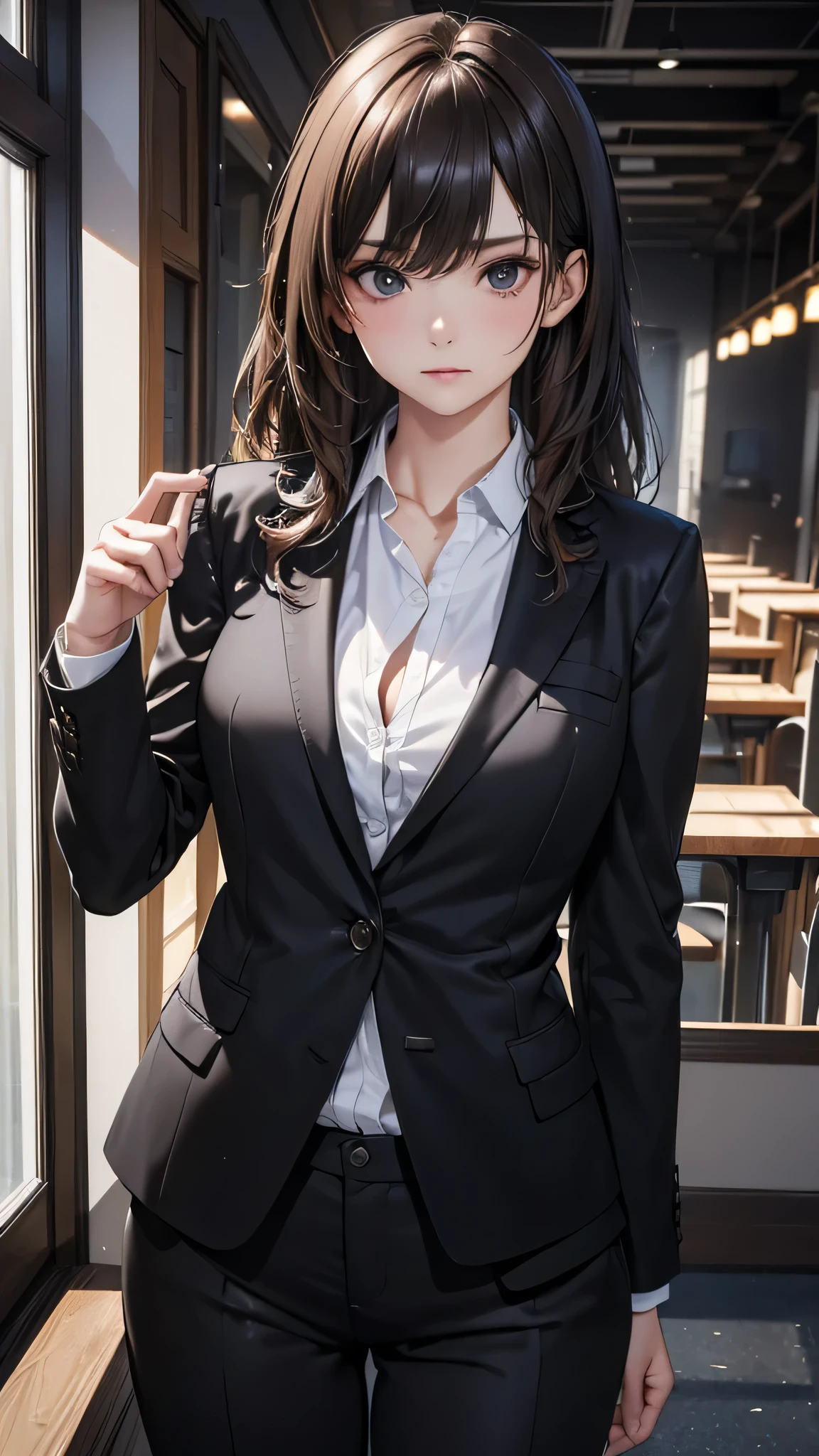 Adult women, Alone, sexy,8K resolution,((Best Quality)),Ultra-high resolution, (Grim expression), (Black eyes), A beautiful, symmetrical face, (Brown curly medium length hair),Office Jacket, suit pants ,Realistic:1.4,Realistic:1.4,(masterpiece:1.2), perfect eyes,Perfect Eyes, Anatomically Correct Human Body