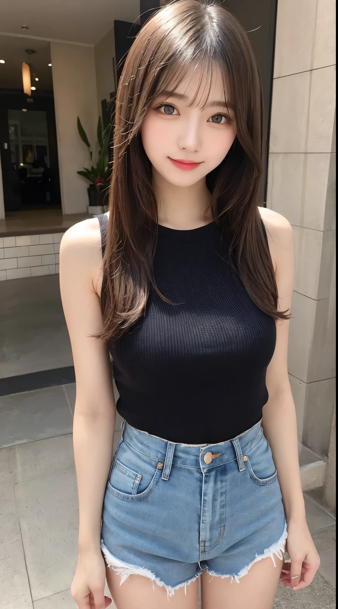 (Best Quality, 8K, masutepiece, Ultra HD: 1.3), 1girl in, small tits ,light brown hair, Blunt bangs, hair behind ear, hair over shoulder, Long hair,  slender body shape, Ultra Fine Face, Delicate lips, Beautiful eyes, Double eyelids, lipsticks, thin blush ,Black eyes ,perfect glossy skin,flawless skin,fair white skin,perspiring,A gaze that invites you, Chest,Ultra-thin hands, Ultra-fine fingers, shirt with collar, tight skirts , beauty legs ,pumps. Park on the plateau、In the middle of a date