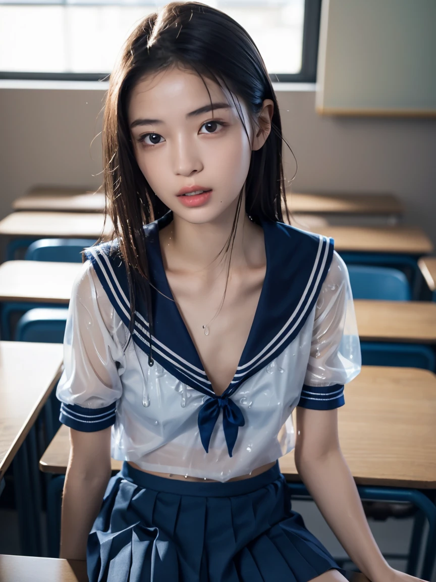 masterpiece:1.2, Very detailed, Ultra-high resolution, Realistic, photo Realistic:1.6, High-resolution RAW color photos, Professional photos, Sharp focus:1.2, Very detailed顔と肌の質感, Very beautiful eyes, Glossのある肌, Glowing Skin, Glowing Skin, Shining Face, Gloss, Oily skin, greasy face, Oily skin, greasy face,, real Glossのある肌 texture, Perfect Anatomy, Very detailed背景,(High school classroom at night),1 female,25-year-old woman, Japanese women,height: 168cm,short hair, Straight hair, bangs, Brown Hair,((Flat Chest:1.6)),Slender legs, (See-through white short-sleeved sailor suit、Navy blue pleated exy T-panties under skirt:1.6),((A wet and very transparent sailor uniform:1.６)),Earrings,(Sit on a desk)